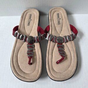 Minnetonka Sandals Womens 10 Red Leather Silvertone Southwest Tribal Boho Thongs